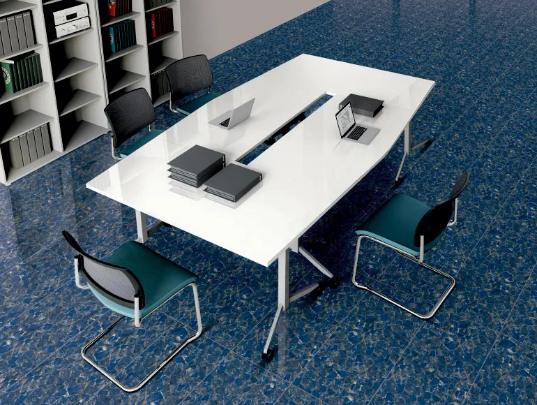 Office space with a sleek white countertop on conference table and modern chairs